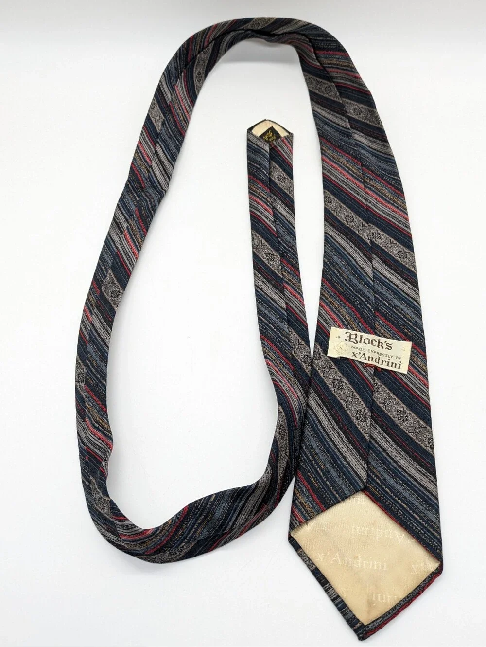 Vintage Blocks X'Andrinin Blue Grey Red Striped Silk Mens Tie